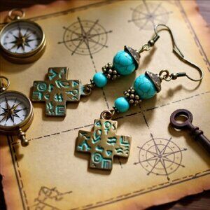 Symbols Numerology Dangle Earrings - Aqua Howlite + Patina Painted Bronze Cross